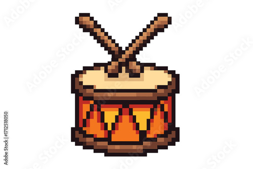 Pixel art drum with drumsticks icon. 8-bit retro video game asset. Vintage musical instrument for rhythm and beat. Percussion sound symbol. Cartoon vector illustration.