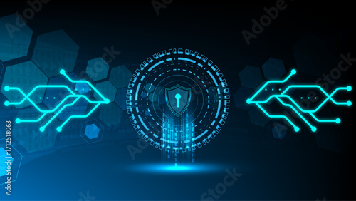 Cybersecurity Shield with Digital Lock and Circuit Technology