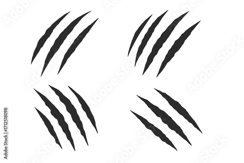 Claw scratches vector set. Black animal attack marks. Tiger, bear, or monster claws tearing and ripping paper. Ripped, damaged, shredded texture effect for Halloween horror.