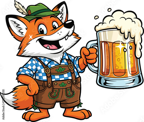 Cartoon fox in Bavarian costume holding beer mug, Oktoberfest celebration, festive cheerful pose, traditional German outfit, smiling animal character