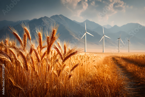 Wheat field with wind turbines and mountains in the background.