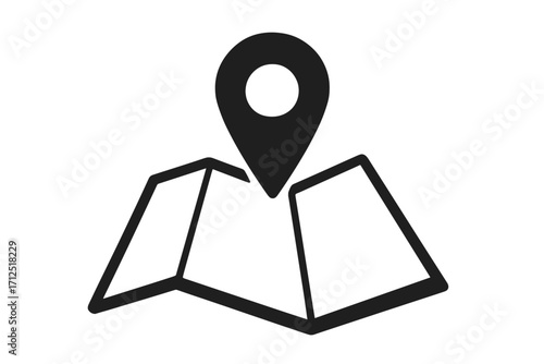 Map with location pin icon. GPS navigation symbol. Destination pointer sign. Travel route and direction finding. Place marker for cartography. Simple flat vector illustration.
