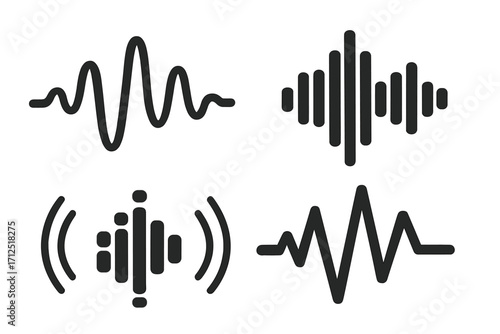 Sound wave icons set. Audio waveform, music equalizer symbol. Voice recording, radio signal and soundwave frequency graph. Vector illustration for audio technology.