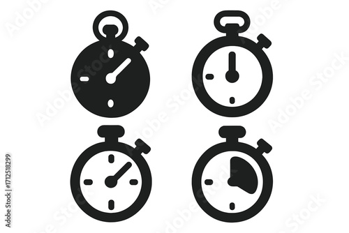 Vector set of stopwatch and timer icons. Chronometer symbol in a simple silhouette style. Concept for time measurement, speed, deadline, and countdown. Clock face pictogram.