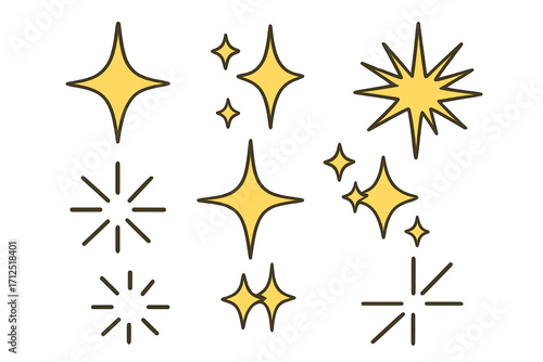 Shining stars and sparkles icon set. Vector graphic elements for design. Glitter effect, light burst, and twinkle shapes. Magic, clean, quality concept illustration.