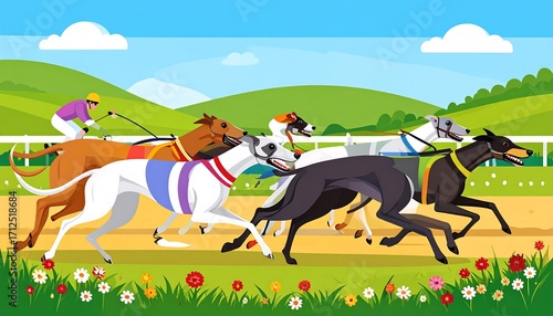 Racing greyhounds on a sunny track