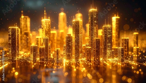 A futuristic cityscape of glowing golden towers—illuminated against a dark backdrop—evokes crafted ambition, symbolic progress, and the rhythm of imagined urban brilliance and sci-fi elevation.