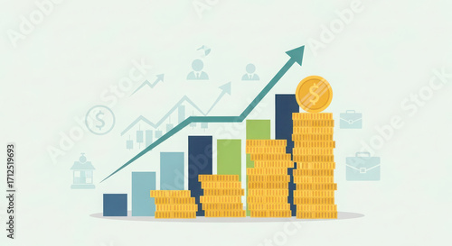 Financial growth chart with rising arrow and stack of gold coins