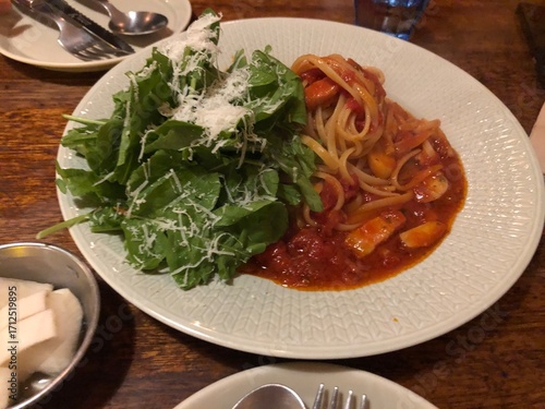 Italian Pasta with Tomato Sauce and Fresh Arugula