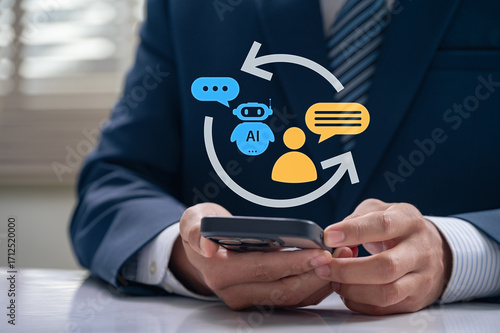 Cuadro en lienzo Feedback loop between AI chatbot and human user, through business professional u
