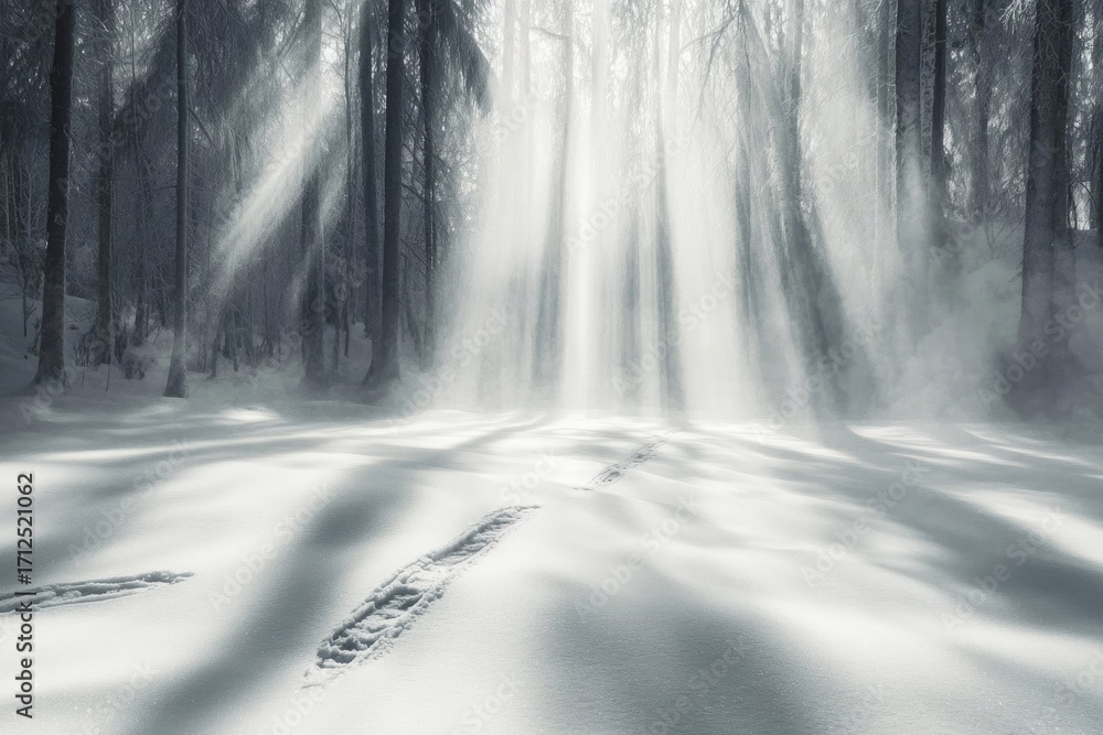 Obraz premium Sun rays filter through a snowy forest, illuminating footprints in the fresh, untouched snow, creating a magical winter scene.