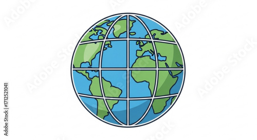 Illustration of a globe with continents and grid lines, , representing geography, global connectivity, and environmental awareness