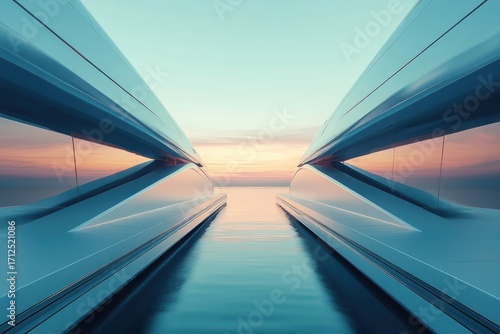 Futuristic architecture flanks calm water, leading the eye to a tranquil sunset on the horizon under a soft blue sky.