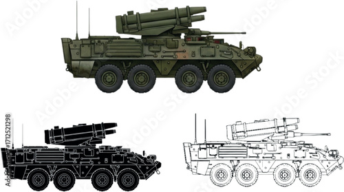 M1134 Stryker ATGM TOW Missile Carrier – 3 Vector Styles: Realistic Color, Bold Silhouette & Technical Line Art | Modern Military Vehicle Illustration