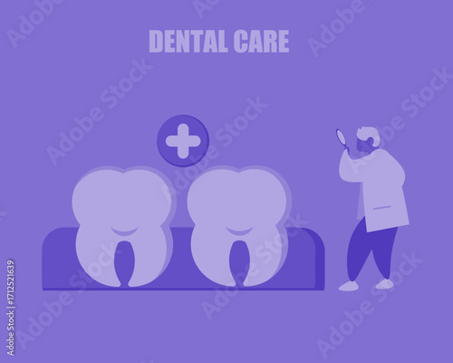Illustration about dental care showing a dentist examining teeth with a magnifying glass, emphasizing oral health and hygiene awareness.