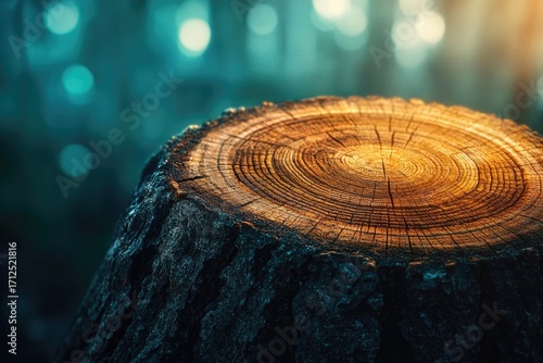 A close-up of a tree stump shows its rings, texture, and color in a calming forest setting, illuminated by soft light.