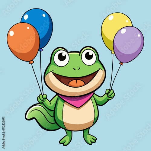 Cartoon frog with balloons vector illustration for kids birthday party and celebration graphic design element 1