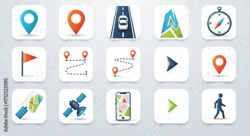 Set of navigation icons on, representing location, direction, and travel planning in a modern style