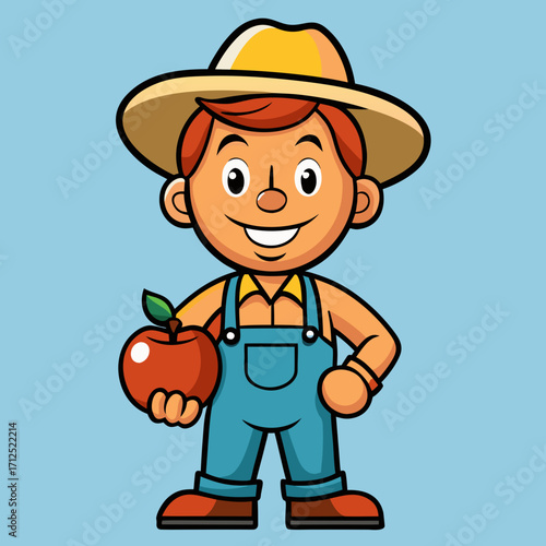 Illustration of happy farmer holding apple fruit in farm cartoon vector drawing agriculture harvest design