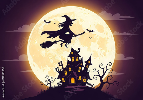 Silhouette of a witch flying over a haunted castle against a large full moon