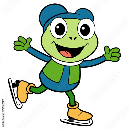 Cartoon frog ice skating vector illustration for winter sports and animal character design projects use free