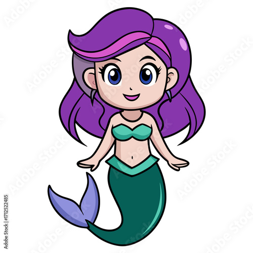 Cute cartoon mermaid illustration with purple hair and green tail vector art for kids and adults alike