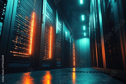 A dark server room filled with racks of computers with orange LED lights and blue overhead lights creates an eerie atmosphere.