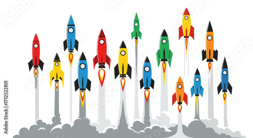 A collection of colorful rockets launching upwards with smoke trails on a white background illustration