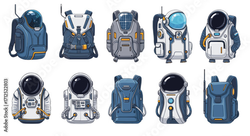 Collection of futuristic astronaut backpacks and spacesuits in various designs and color schemes