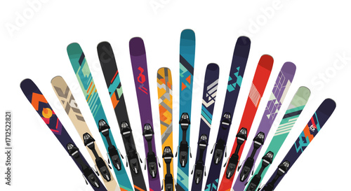 A collection of skis standing upright with vibrant colors and unique designs displayed in a studio setting