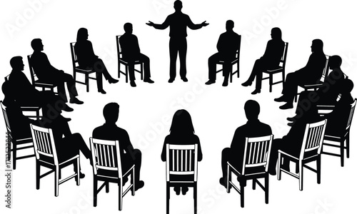 Group discussion silhouette, inclusive circle seating, central speaker illustration, black and white vector for communication, therapy, education, and leadership themes