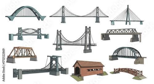 Illustration showcasing diverse bridge designs including suspension arch and covered bridge structures shown together