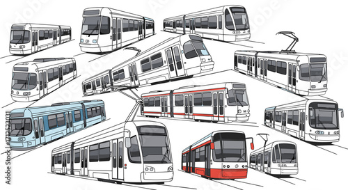 Collection of trams and streetcars in various angles and colors on a white background design style