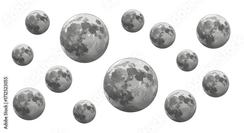 A collection of gray oval shaped objects resembling moons scattered on a white background surface view