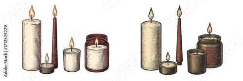 Group of burning candles featuring various styles like tall pillar, slender taper, and small jar candles, providing warm light and cozy atmosphere
