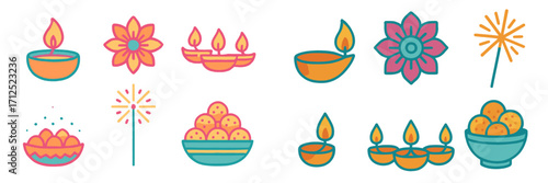 Vibrant Diwali festival celebration with traditional oil lamps, decorative flowers, sparklers, and delicious sweets