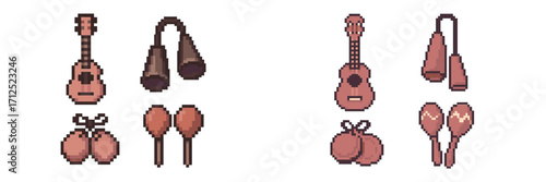 Vibrant pixel art collection of traditional musical instruments including ukulele maracas castanets and cowbells