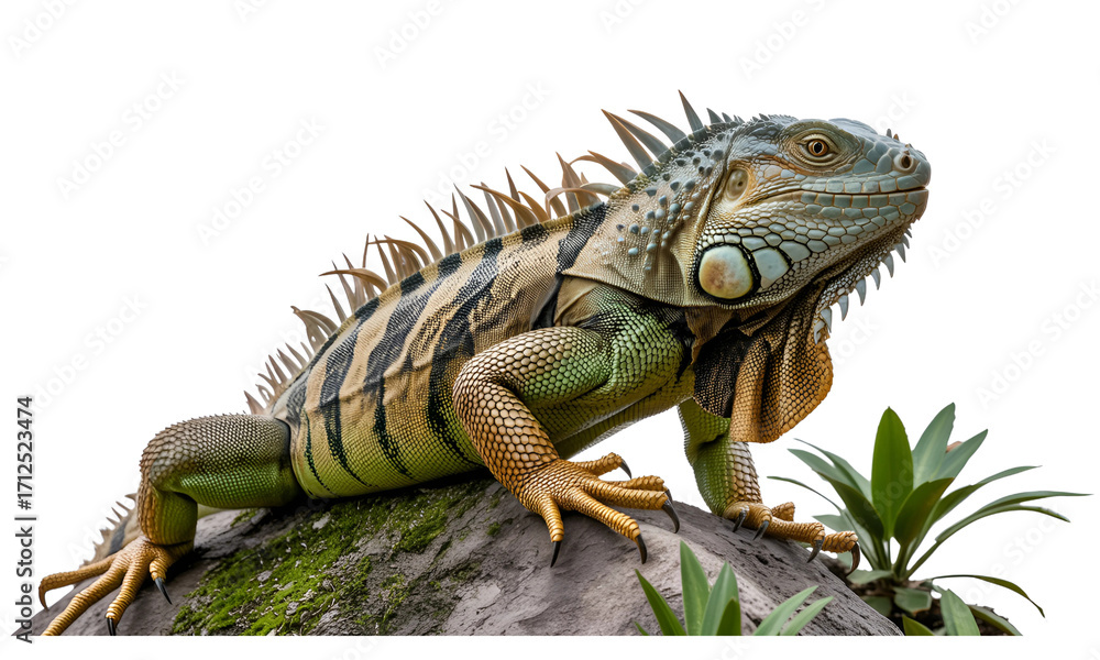 Obraz premium Green Iguana Reptile on Rock Isolated on transparent Background