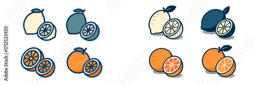 Vibrant collection of fresh citrus fruit icons featuring whole and sliced lemons, limes, oranges, and grapefruits