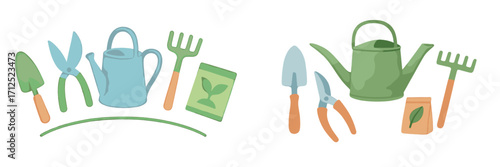 Colorful collection of essential gardening tools and equipment for spring planting, horticulture, and home garden care