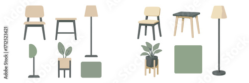 Contemporary home interior with furniture and decor elements like chair, stool, side table, floor lamp, and potted plant