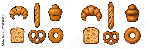Variety of freshly baked bread, sweet pastries, and savory breakfast items from a traditional bakery