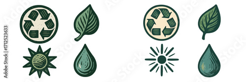 Set of environmental sustainability symbols including recycling, green leaf, sun, and water drop icons representing eco-friendly concepts