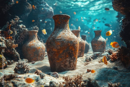 Underwater scene with ancient amphorae on sandy seabed, surrounded by coral reefs and tropical fish swimming in clear blue water.