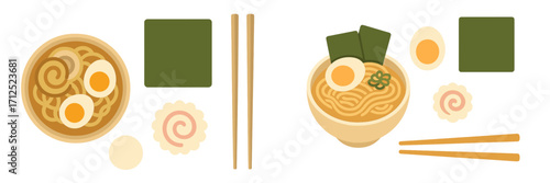 Japanese ramen noodle soup with eggs, seaweed, narutomaki fish cake in a bowl with chopsticks