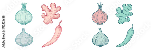 Fresh organic onions, garlic, ginger root, and hot chili peppers arranged in a vibrant culinary assortment
