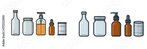 Assortment of empty and filled glass and metal containers including bottles, jars, and dispensers for various products and substances