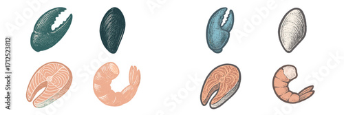 Vibrant collection of fresh seafood featuring crab claws, mussels, salmon steaks, and peeled shrimp for a healthy diet