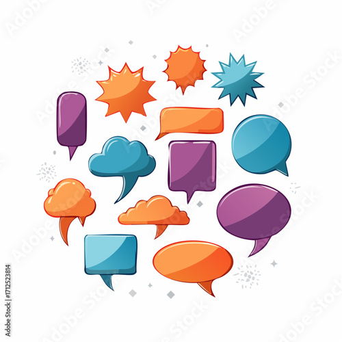 A vibrant collection of empty comic speech bubble designs with a glossy effect for adding text