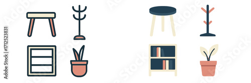 Modern furniture collection featuring stools, shelves, plants, and coat racks suitable for stylish home decor